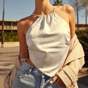 Satin triangle bandana tie bow back top Halter Scarf Cami